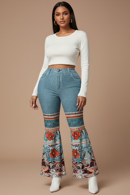 Pantalon Patte D'Éléphant Bleu Imprimé Floral Vintage Denim - Jean