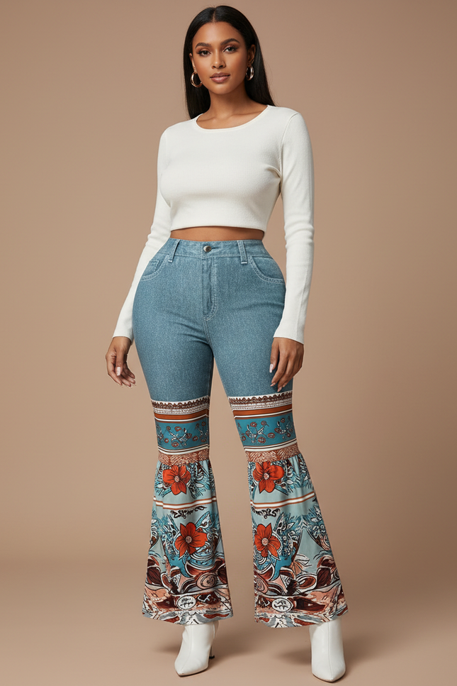 Pantalon Patte D'Éléphant Bleu Imprimé Floral Vintage Denim - Jean