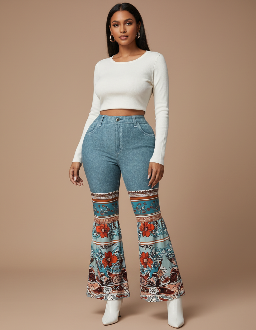 Pantalon Patte D'Éléphant Bleu Imprimé Floral Vintage Denim - Jean