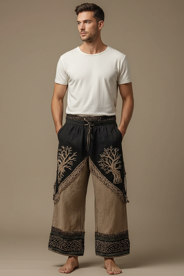 Pantalon Patte D'Éléphant Brodé Arbre Ethnique Ample Lin - Multicolore