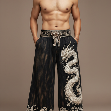 Pantalon Patte D'Éléphant Noir Dragon Brodé Ample Vintage - Jean