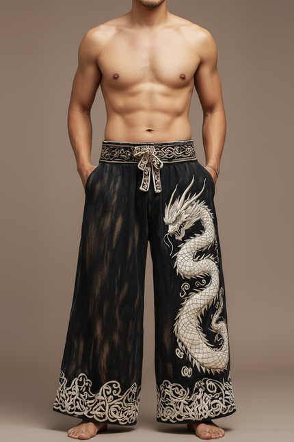 Pantalon Patte D'Éléphant Noir Dragon Brodé Ample Vintage - Jean
