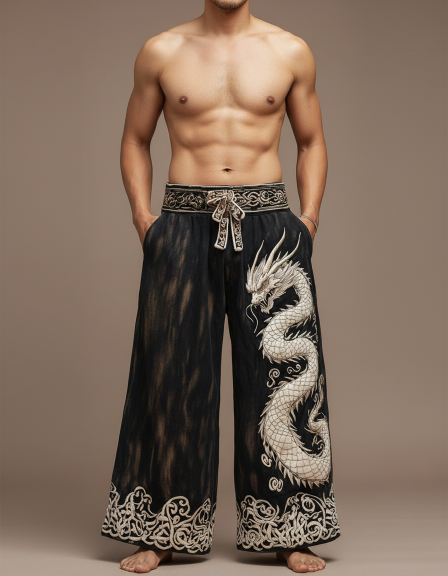 Pantalon Patte D'Éléphant Noir Dragon Brodé Ample Vintage - Jean