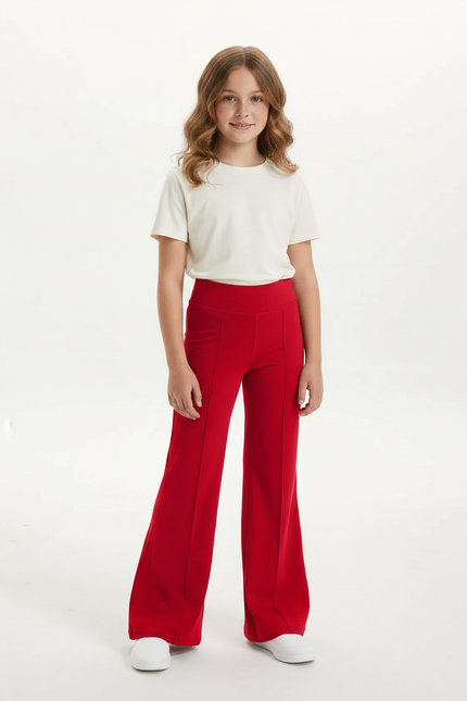 Pantalon Patte D'Éléphant Rouge Uni Confortable Évasé Fille - Maille