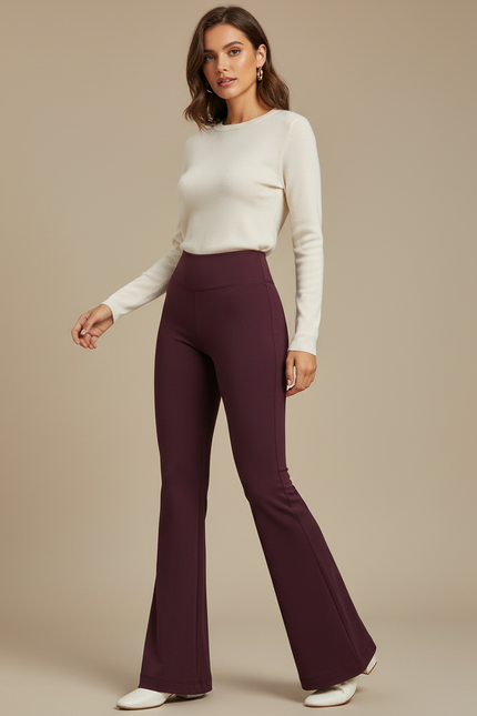 Pantalon Patte D'Éléphant Bordeaux Taille Haute Évasé Confortable - Maille