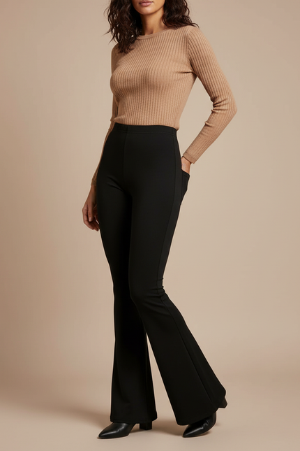 Pantalon Patte D'Éléphant Noir Taille Haute Stretch Décontracté - Maille