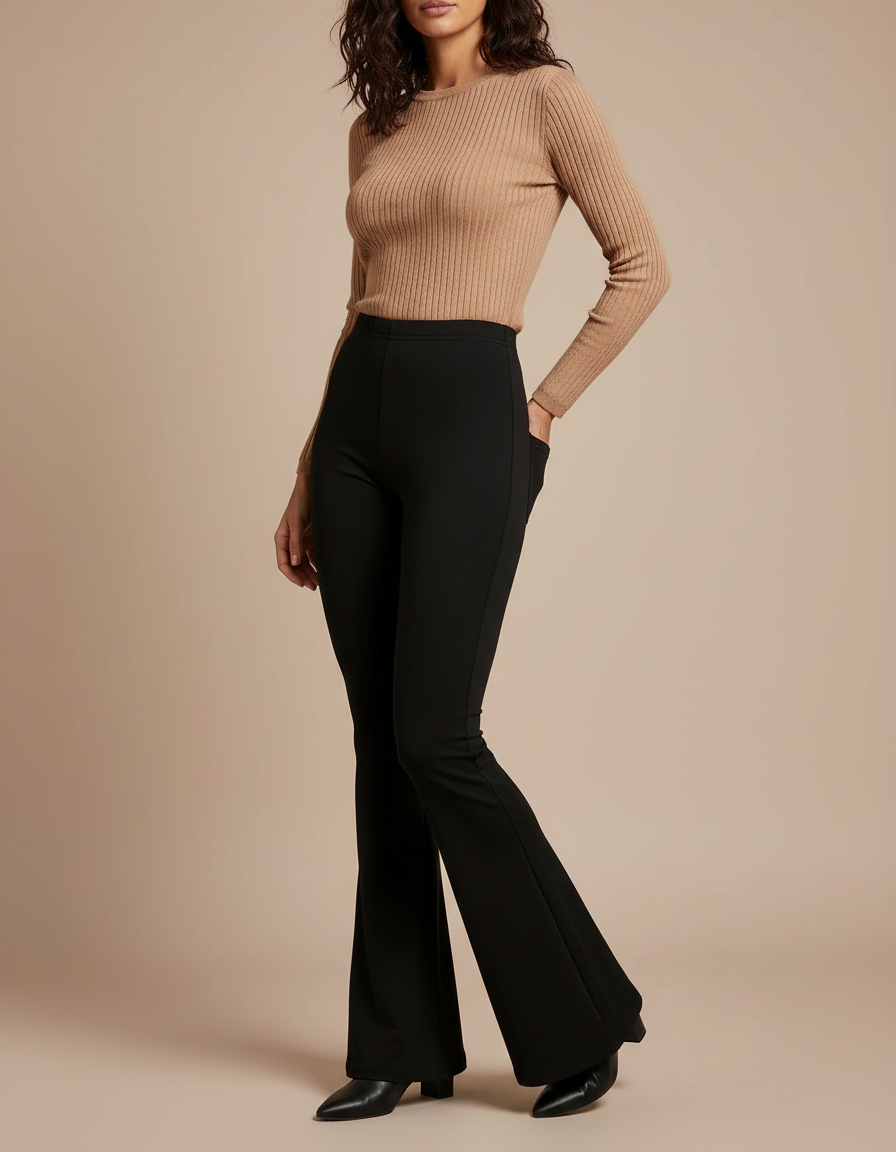 Pantalon Patte D'Éléphant Noir Taille Haute Stretch Décontracté - Maille