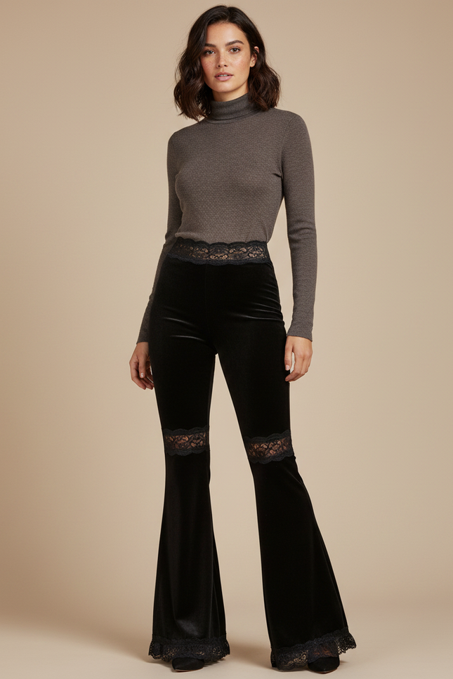 Pantalon Patte D'Éléphant Velours Noir Dentelle Taille Haute