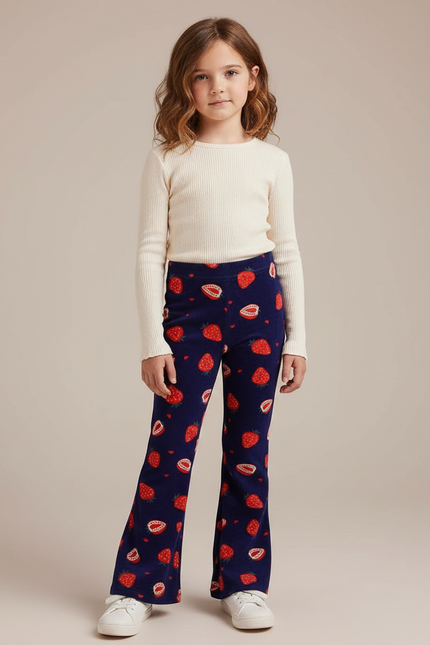 Pantalon Patte D'Éléphant Velours Fraises Bleu Marine Enfant