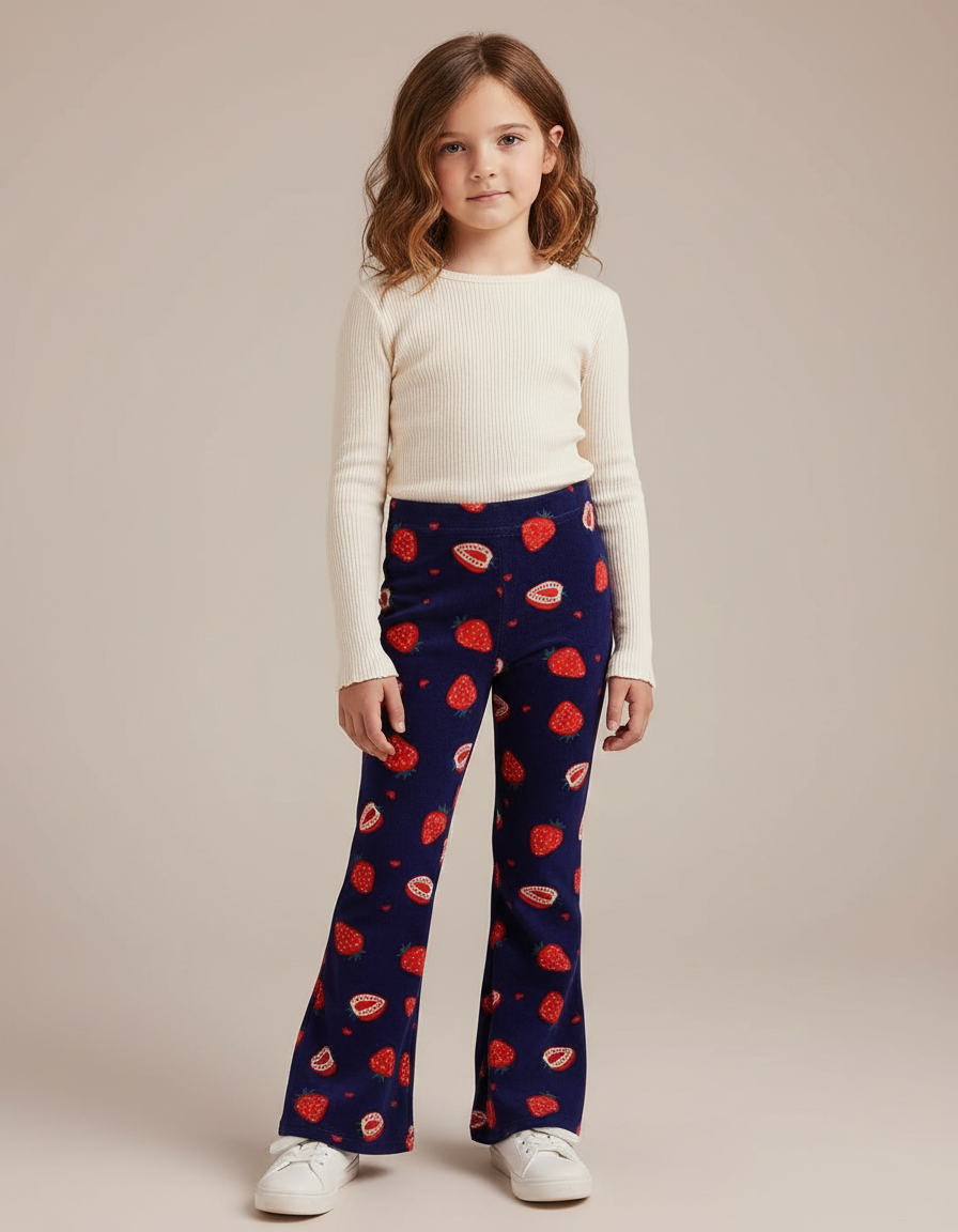 Pantalon Patte D'Éléphant Velours Fraises Bleu Marine Enfant
