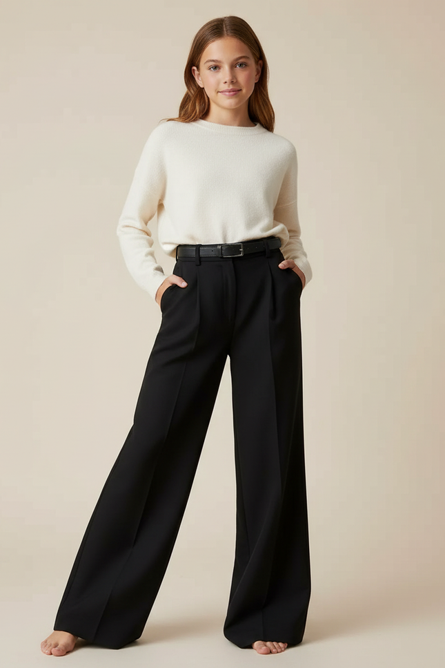 Pantalon Patte D'Éléphant Noir Plissé Taille Haute Élégant - Gabardine