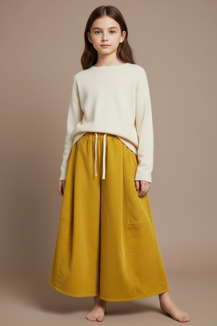 Pantalon Patte D'Éléphant Jaune Moutarde Côtelé Ample Confortable Enfant - Cordé