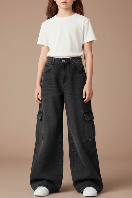Pantalon Patte D'Éléphant Noir Denim Cargo Ample Décontracté - Jean