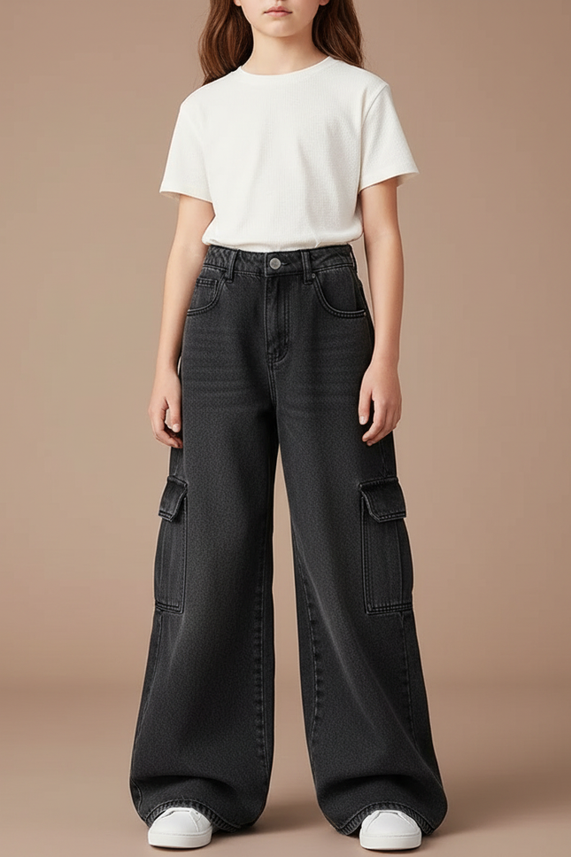 Pantalon Patte D'Éléphant Noir Denim Cargo Ample Décontracté - Jean