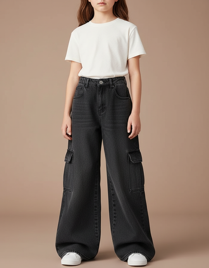 Pantalon Patte D'Éléphant Noir Denim Cargo Ample Décontracté - Jean