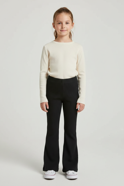 Pantalon Patte D'Éléphant Noir Côtelé Confortable Élastique Fille - Maille