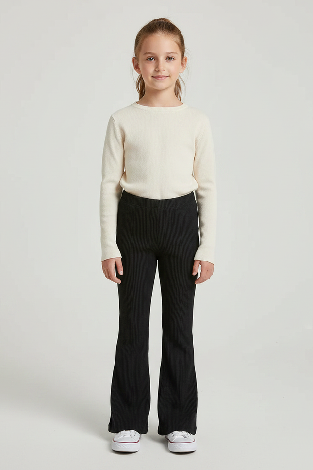 Pantalon Patte D'Éléphant Noir Côtelé Confortable Élastique Fille - Maille