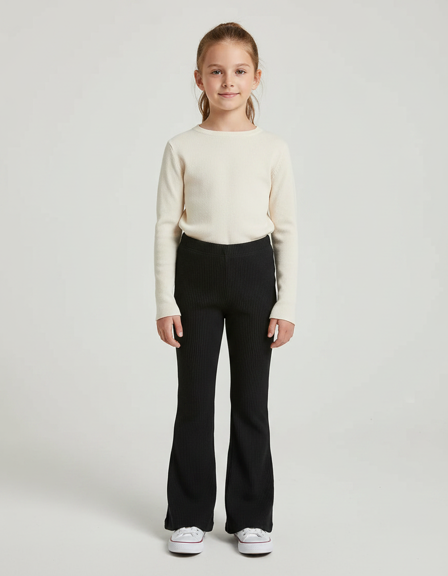 Pantalon Patte D'Éléphant Noir Côtelé Confortable Élastique Fille - Maille