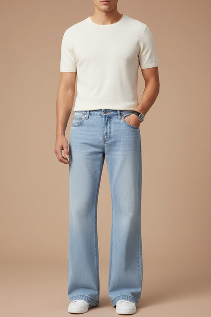Pantalon Patte D'Éléphant Bleu Clair Droit Décontracté Denim - Jean