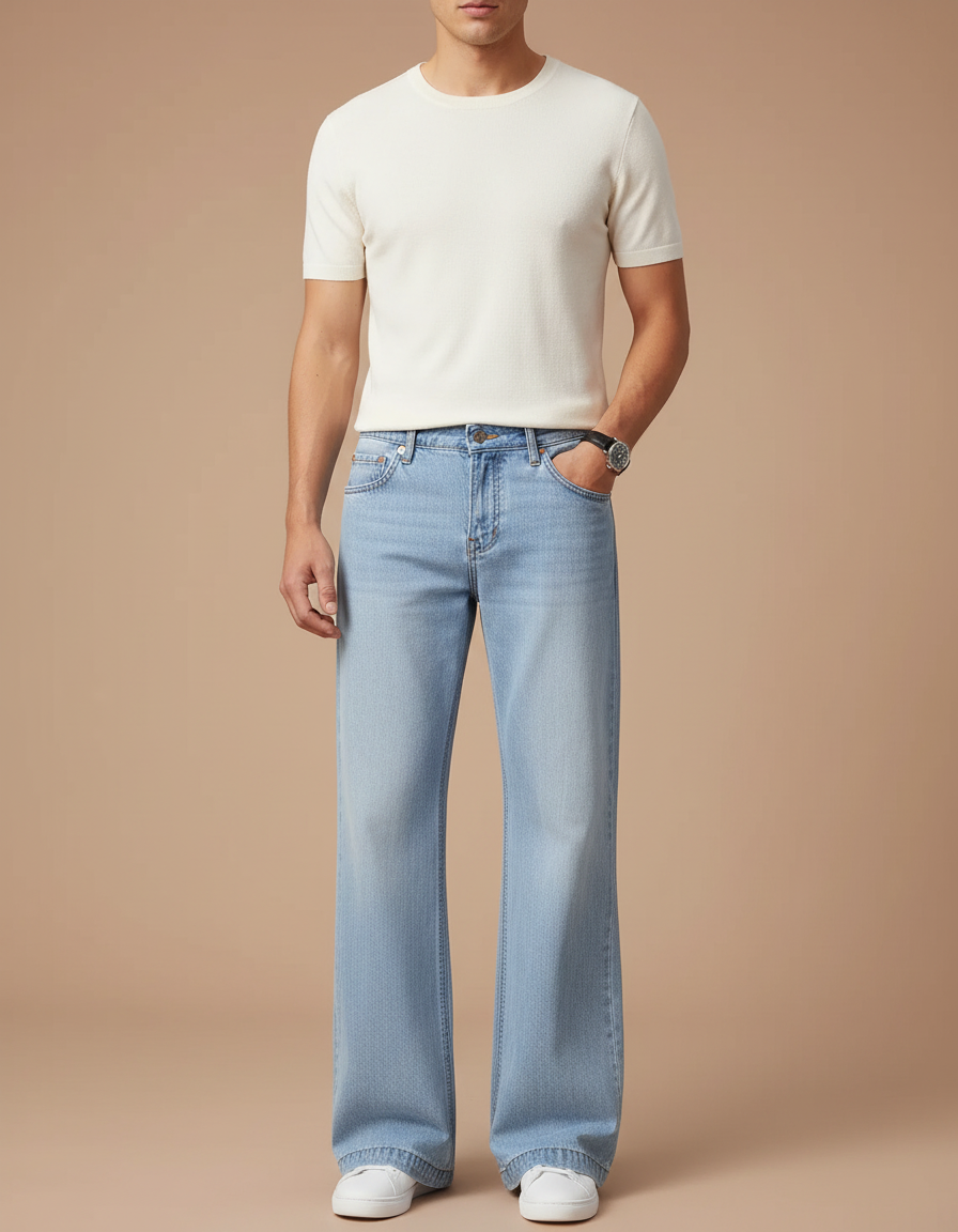 Pantalon Patte D'Éléphant Bleu Clair Droit Décontracté Denim - Jean