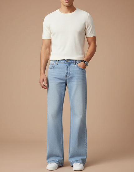 Pantalon Patte D'Éléphant Bleu Clair Droit Décontracté Denim - Jean