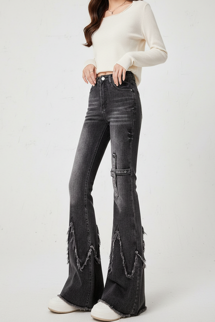Pantalon Patte D'Éléphant Noir Délavé Franges Y2K Ceinture - Jean