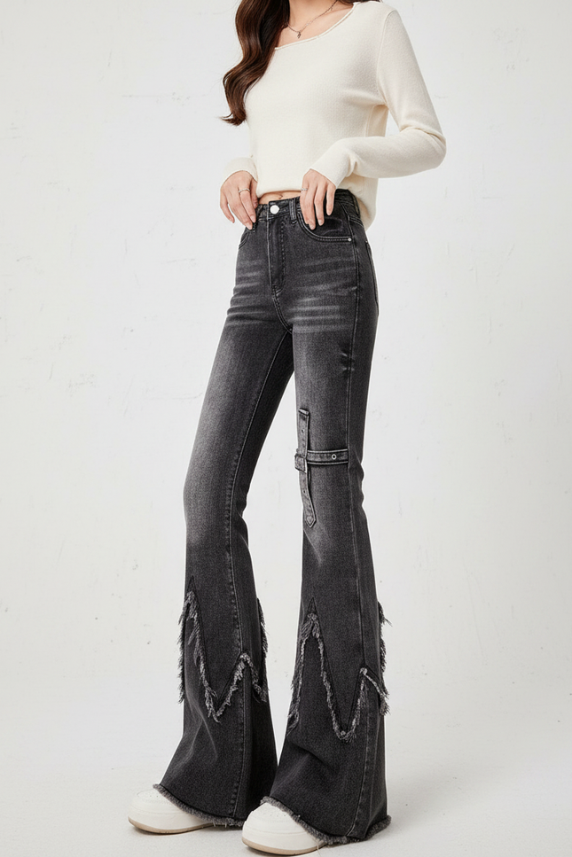 Pantalon Patte D'Éléphant Noir Délavé Franges Y2K Ceinture - Jean