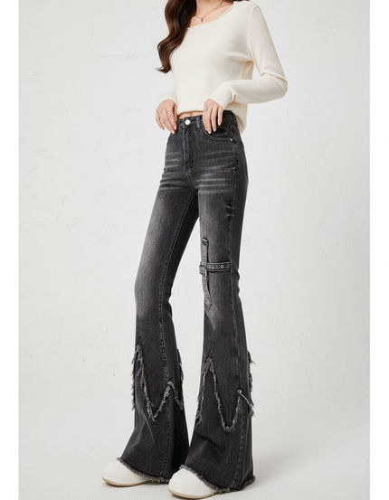 Pantalon Patte D'Éléphant Noir Délavé Franges Y2K Ceinture - Jean