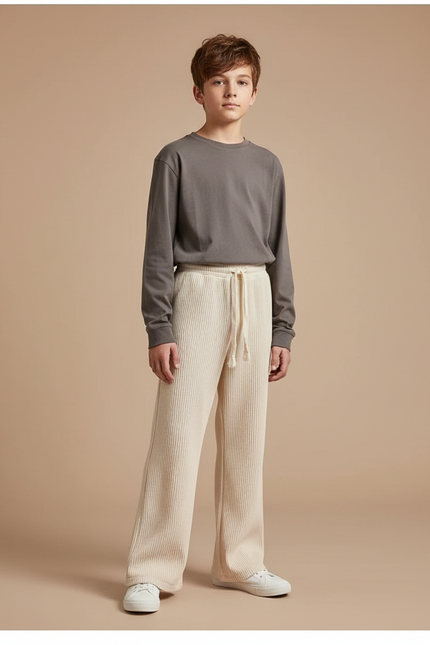 Pantalon Patte D'Éléphant Crème Côtelé Ample Décontracté - Beige Cordé