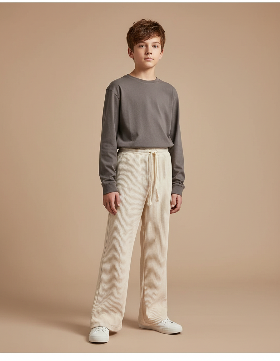 Pantalon Patte D'Éléphant Crème Côtelé Ample Décontracté - Beige Cordé