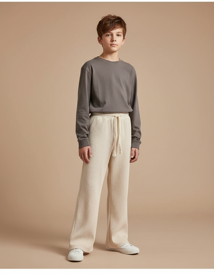 Pantalon Patte D'Éléphant Crème Côtelé Ample Décontracté - Beige Cordé