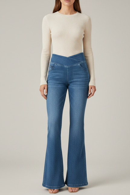 Pantalon Patte D'Éléphant Denim Bleu Taille Haute Évasé Élégant - Jean