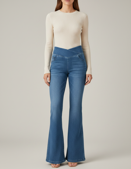 Pantalon Patte D'Éléphant Denim Bleu Taille Haute Évasé Élégant - Jean