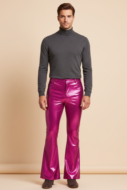 Pantalon Patte D'Éléphant Métallique Fuchsia Brillant Évasé Homme - Rose Simili cuir