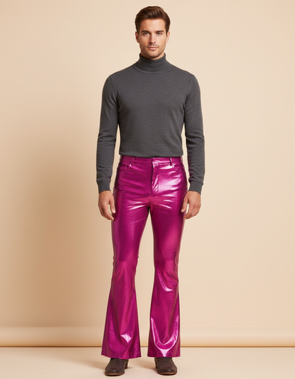 Pantalon Patte D'Éléphant Métallique Fuchsia Brillant Évasé Homme - Rose Simili cuir