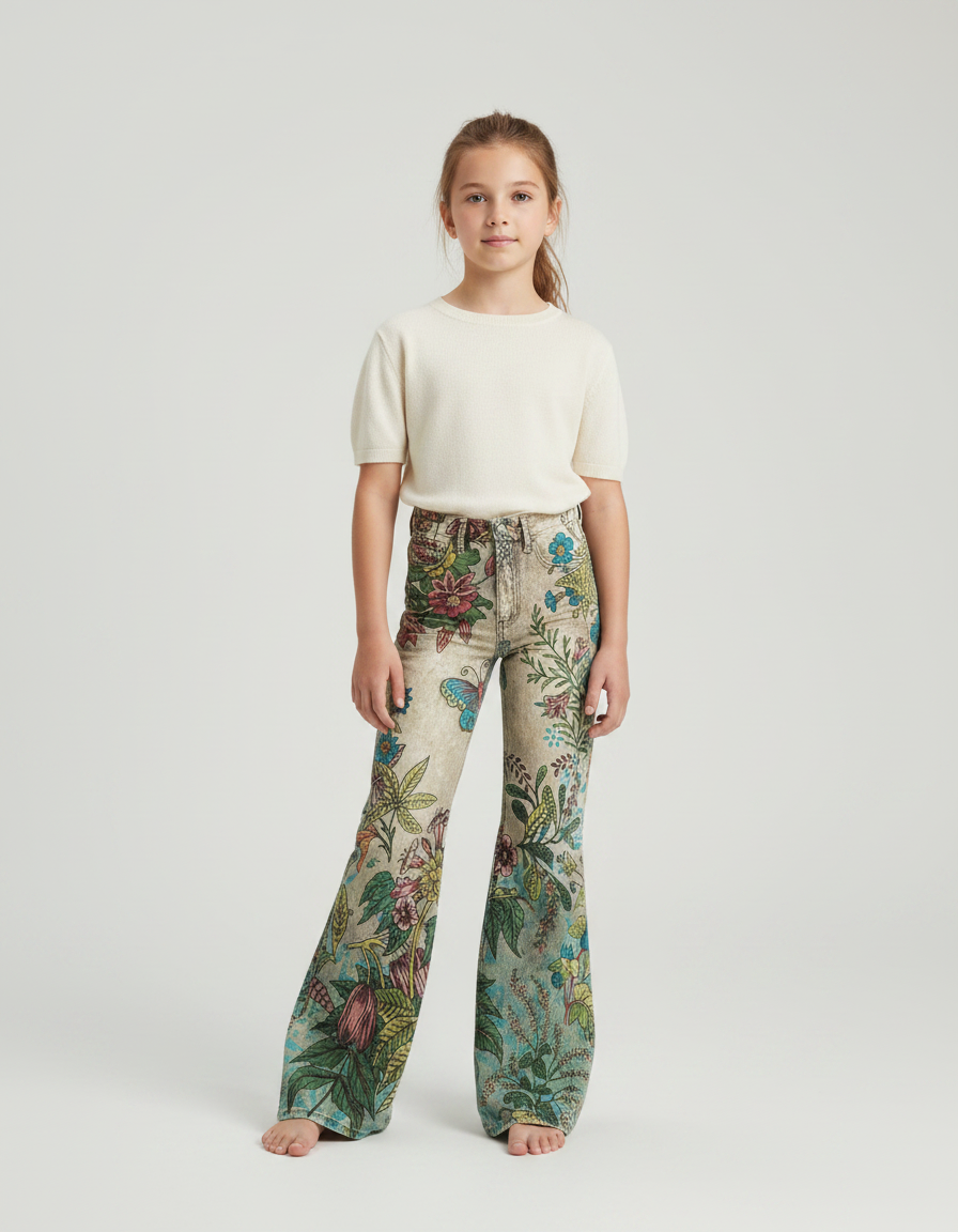 Pantalon Patte D'Éléphant Imprimé Floral Bohème Évasé Enfant - Multicolore Jean