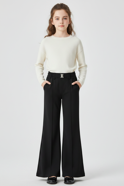 Pantalon Patte D'Éléphant Noir Ample Taille Haute Élégant - Polyester