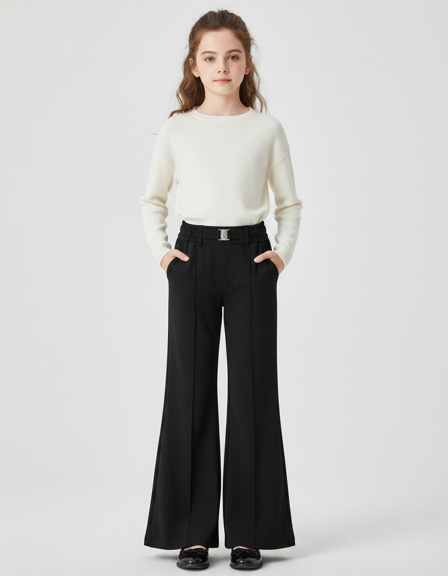 Pantalon Patte D'Éléphant Noir Ample Taille Haute Élégant - Polyester