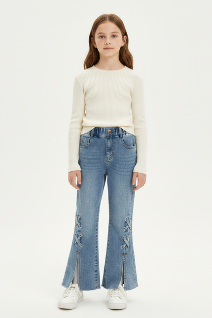 Pantalon Patte D'Éléphant Jean Bleu Lacets Enfant Fendu