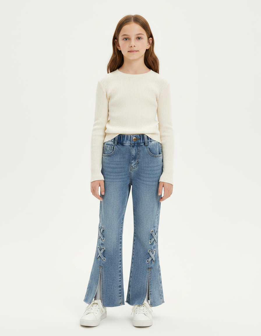Pantalon Patte D'Éléphant Jean Bleu Lacets Enfant Fendu