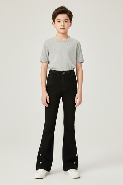 Pantalon Patte D'Éléphant Noir Denim Boutons Dorés Enfant - Jean