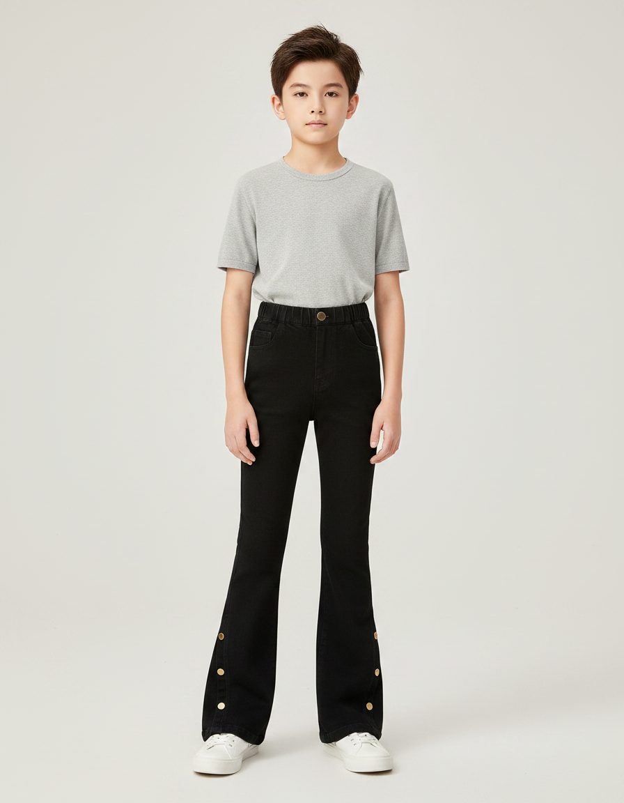 Pantalon Patte D'Éléphant Noir Denim Boutons Dorés Enfant - Jean
