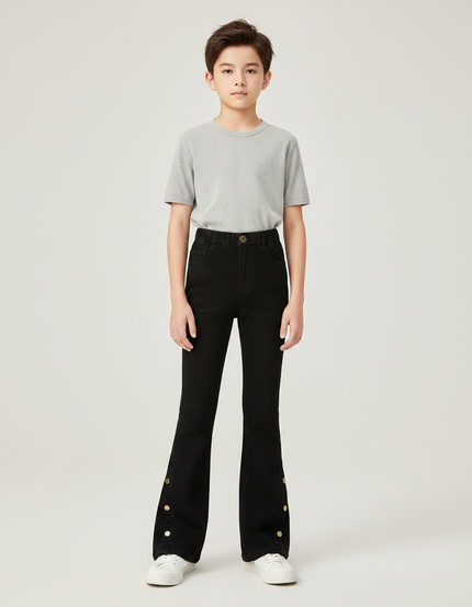 Pantalon Patte D'Éléphant Noir Denim Boutons Dorés Enfant - Jean