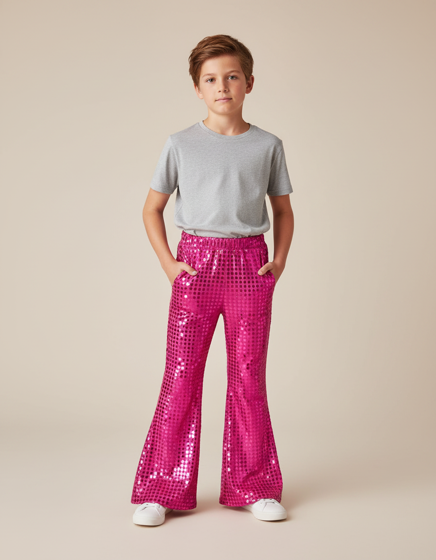 Pantalon Patte D'Éléphant Rose Pailleté Évasé Enfant - Polyester