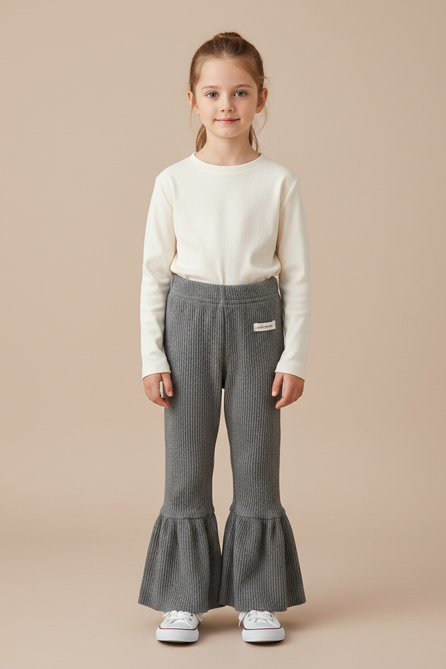 Pantalon Patte D'Éléphant Côtelé Gris Confortable Fille - Maille