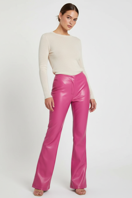 Pantalon Patte D'Éléphant Rose Vif Simili Cuir Évasé