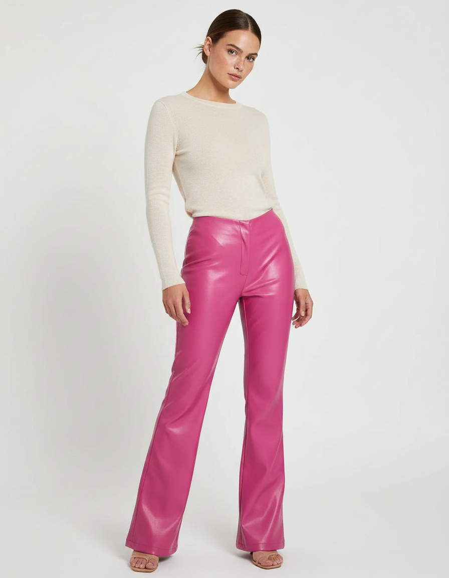 Pantalon Patte D'Éléphant Rose Vif Simili Cuir Évasé