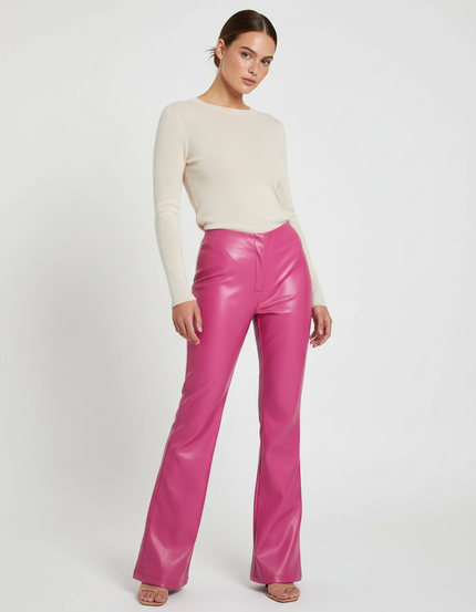 Pantalon Patte D'Éléphant Rose Vif Simili Cuir Évasé
