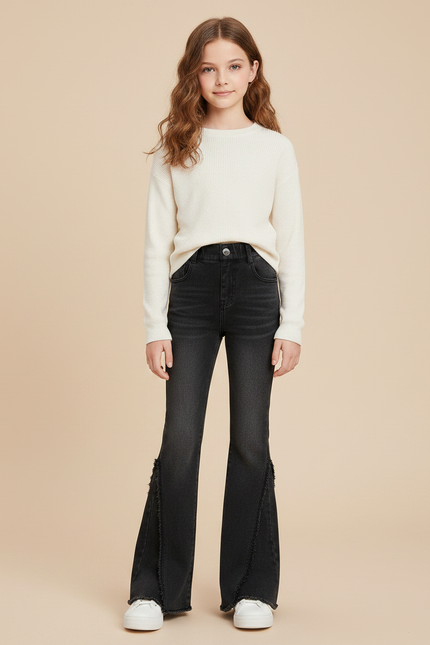 Pantalon Patte D'Éléphant Noir Délavé Franges Fille - Jean