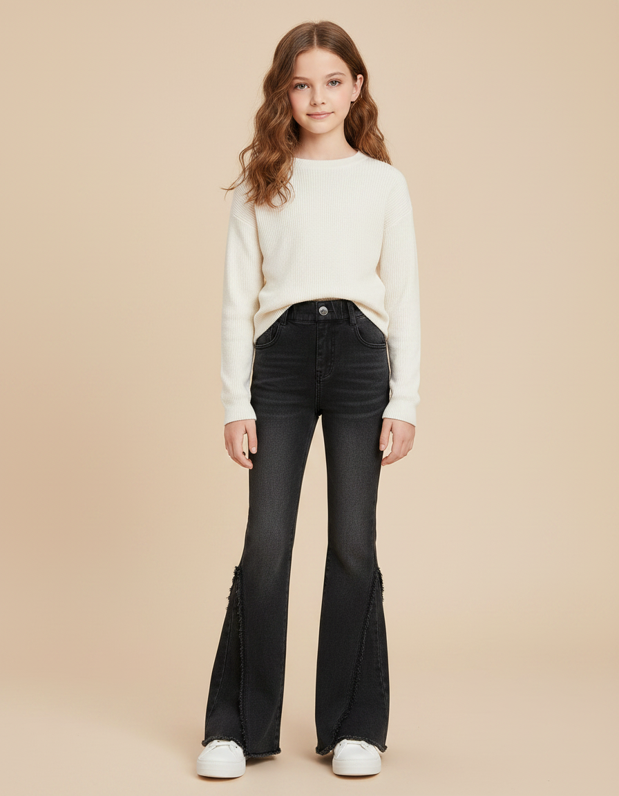 Pantalon Patte D'Éléphant Noir Délavé Franges Fille - Jean